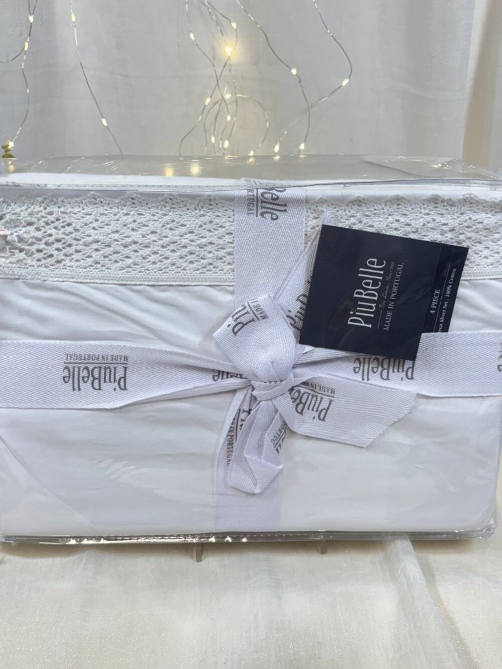PiuBelle Queen Sheet Set White Cotton Lace Made In PORTUGAL Luxury Linen 4PC